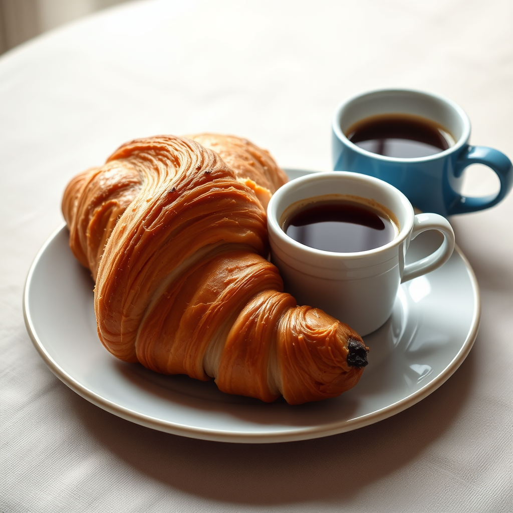 A croissant and two cups of coffee on a white plate on a light table.