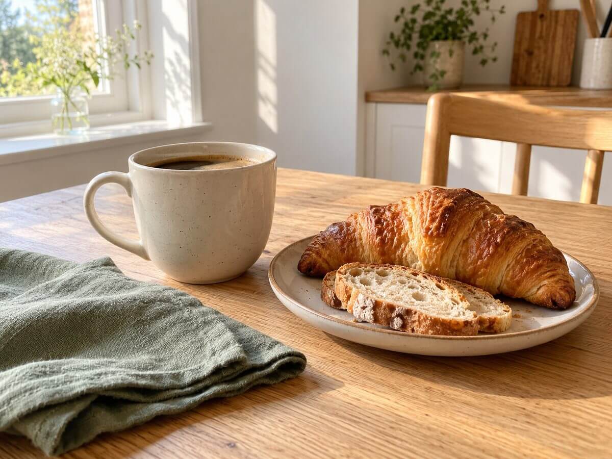A coffee mug, croissant and sliced bread on a wooden breakfast table beside a sage-green napkin.