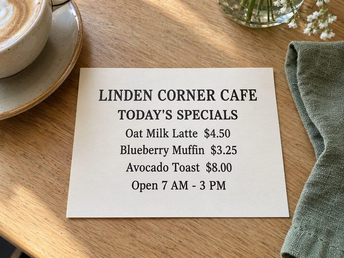 A printed cafe menu card with specials and prices rests on a pale wooden table beside a coffee cup.