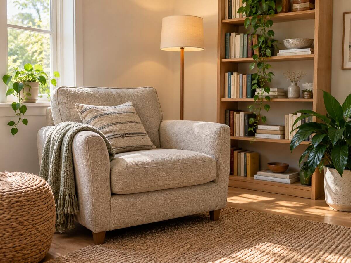 A beige armchair, wooden bookshelf, floor lamp and leafy plants fill a sunlit reading corner.